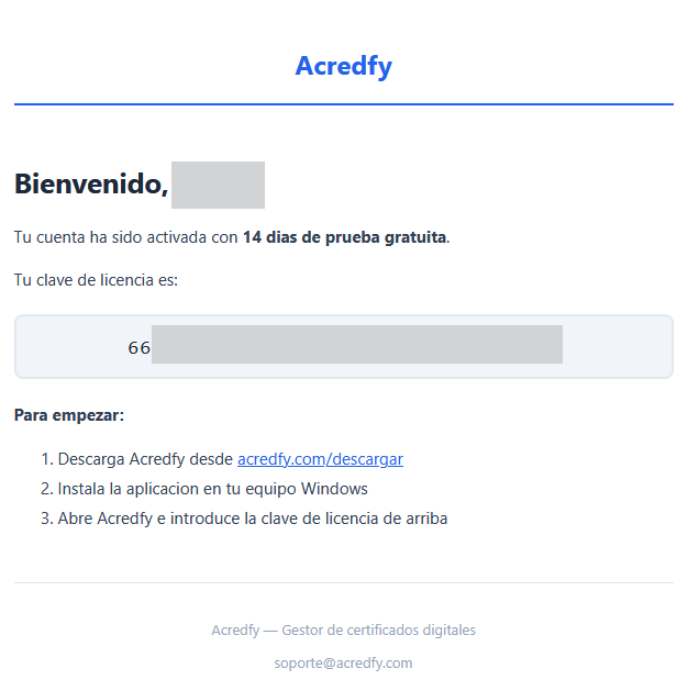 Email de bienvenida con clave de licencia