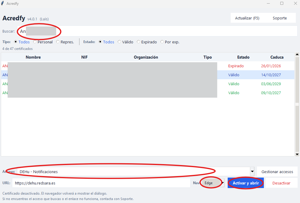Flujo completo: buscar, seleccionar certificado y abrir web